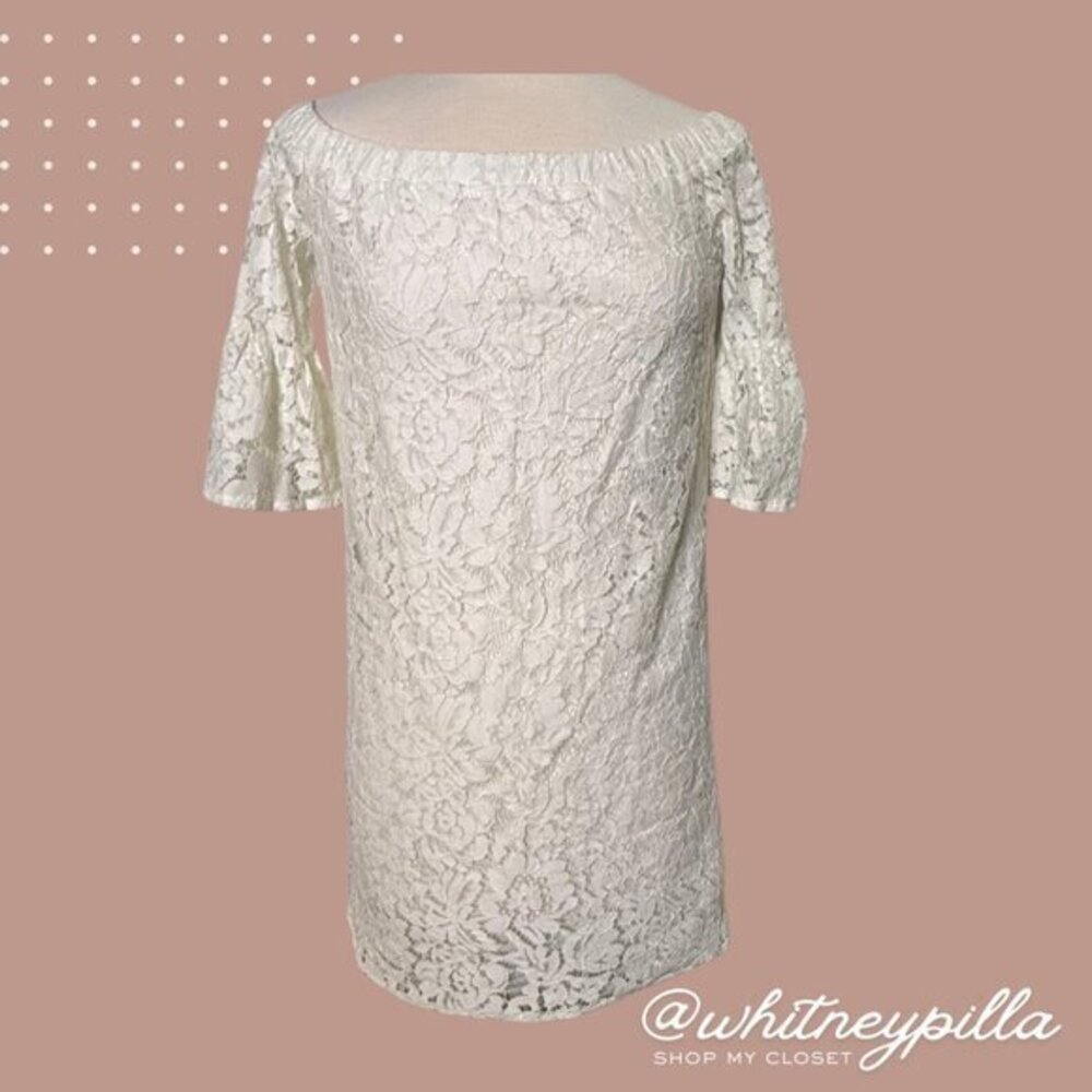 Do+Be White Lace Mini Dress Off Shoulder Shift Dress flowy sleeve Women’s Size 2